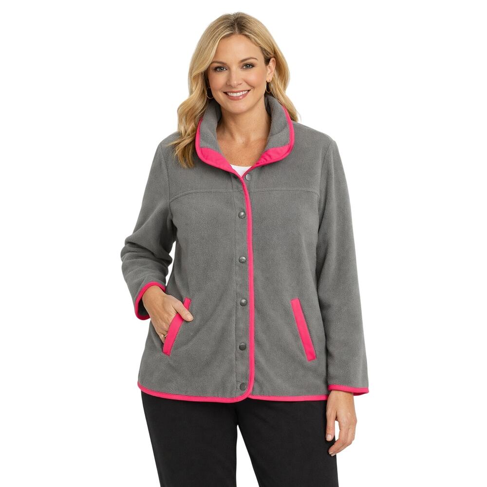 Susan Graver Weekend Gray Fleece Jacket – Pink Trim Women’s Size L Snap Front